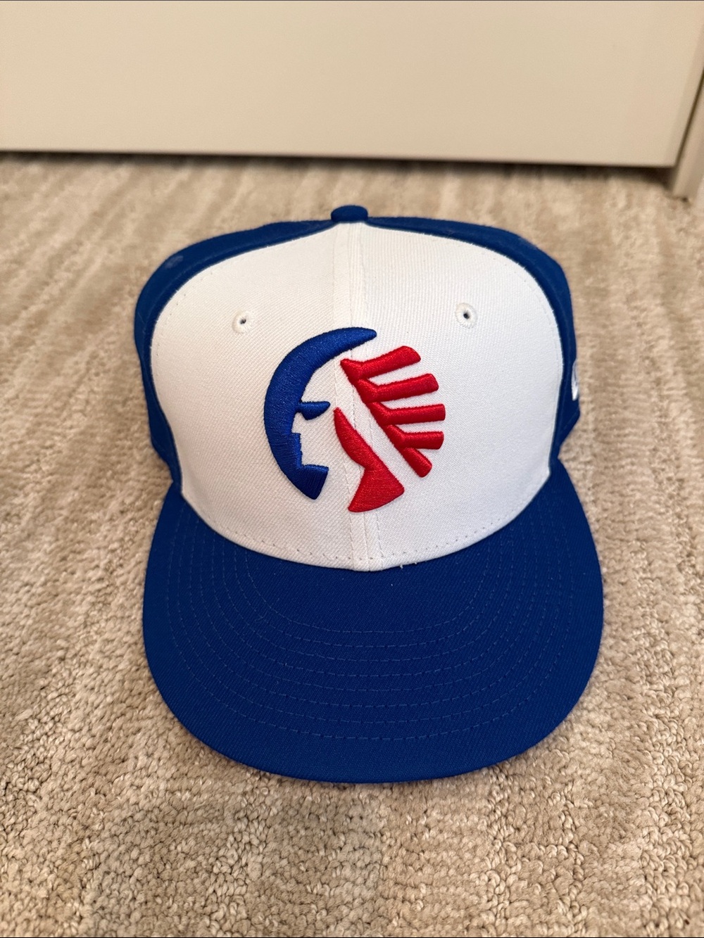 White and Blue Snapback Hat with Red Detail